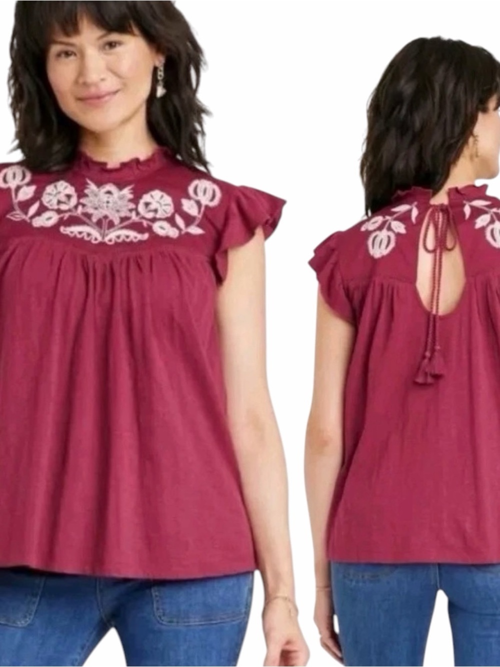 NEW Knox Rose Embroidered Top Purple Maroon Peasant Ruffle Short Sleeve Boho XL